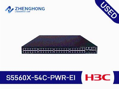 H3C S5560X-54C-PWR-EI, 48 10/100/1000BASE-T ports, 4 10G/1G BASE-X SFP+ ports, 1 expansion slot, 2 fan tray slots, and 2 power module slots